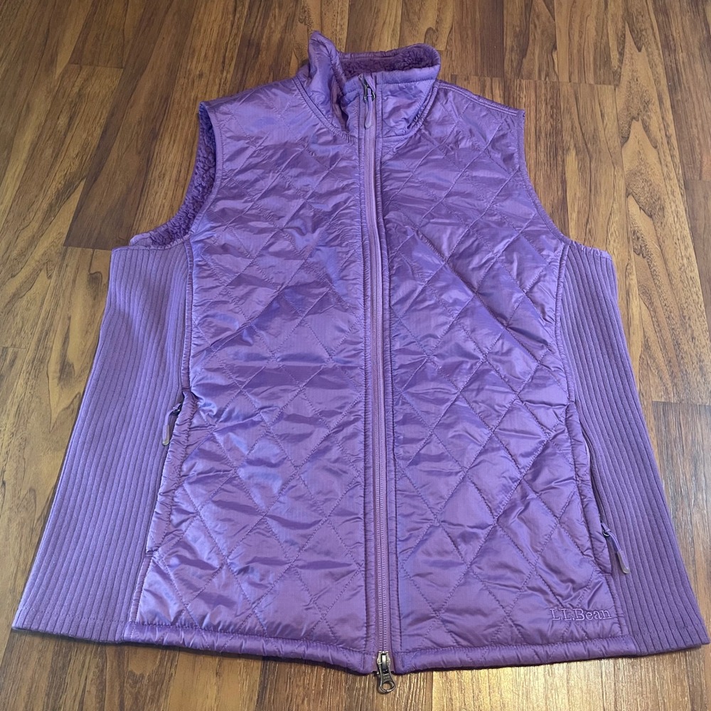 LL Bean Quilted Vest Womens Large Purple Fleece Lined Full Zip Ribbed 291762